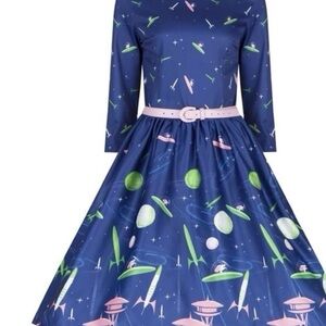 Lindy Bop Navy Dogs in Space Print Dress